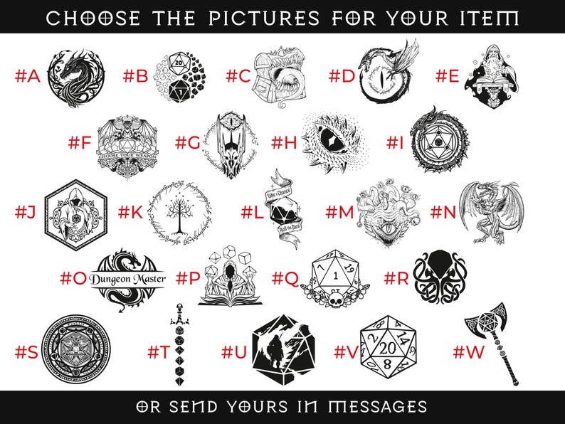 Może przedstawiać: Wyb&oacute;r czarno-białych ilustracji o tematyce fantasy, w tym smoki, kości i mistyczne symbole. Tekst u g&oacute;ry brzmi "CHOOSE THE PICTURES FOR YOUR ITEM." Poniżej znajduje się tekst "OR SEND YOURS IN MESSAGES."