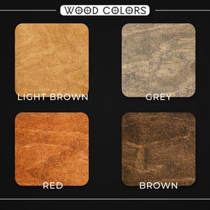 K&ouml;nnte beinhalten: Grafik mit vier Holzfarboptionen: hellbraun, grau, rot und braun. Jede Farbe wird in einer quadratischen Form mit abgerundeten Ecken dargestellt, die die Holzmaserung hervorhebt. Der Text "WOOD COLORS" steht oben.