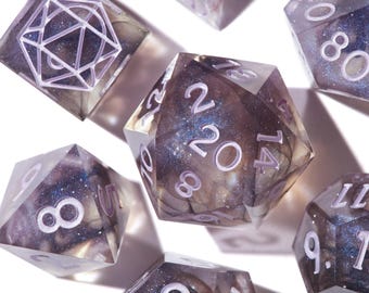 Cosmic Dice Set for DND | Handmade Epoxy Resin Sharp Edge RPG Dice | Cosmic Mist, Shadowfell Smoke, Amethyst Veil