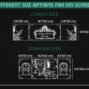 K&ouml;nnte beinhalten: Eine schwarze Grafik mit zwei Gr&ouml;&szlig;enoptionen f&uuml;r einen DM-Bildschirm. Die Option "Lower Size" ist 25 cm hoch und 50 cm breit. Die Option "Standard Size" ist 31,5 cm hoch und 42 cm breit. Der Text enth&auml;lt "Different Size Options for DM Screen".