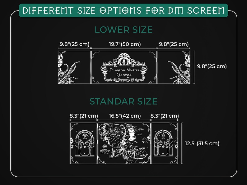 K&ouml;nnte beinhalten: Eine schwarze Grafik mit zwei Gr&ouml;&szlig;enoptionen f&uuml;r einen DM-Bildschirm. Die Option "Lower Size" ist 25 cm hoch und 50 cm breit. Die Option "Standard Size" ist 31,5 cm hoch und 42 cm breit. Der Text enth&auml;lt "Different Size Options for DM Screen".