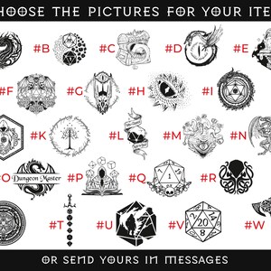 May include: A collection of black and white fantasy illustrations, featuring dragons, dice, and mystical symbols. The text at the top says "CHOOSE THE PICTURES FOR YOUR ITEM." The text at the bottom says "OR SEND YOURS IN MESSAGES."