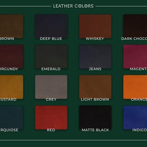 May include: A color chart displaying 16 leather swatches in various shades. The swatches include brown, deep blue, whiskey, dark chocolate, burgundy, emerald, jeans, magenta, mustard, grey, light brown, orange, turquoise, red, matte black, and indigo.