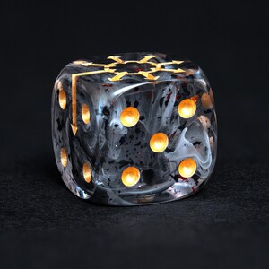 Chaos Wargaming Dice Set – D6 Dice (16mm) with Gold Sigil | Dark Dice for Tabletop, Skirmishes RPG | Swirling Black Resin, Ancient Symbol image 4