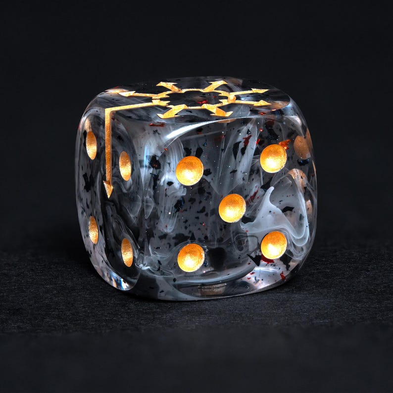 Chaos Wargaming Dice Set – D6 Dice (16mm) with Gold Sigil | Dark Dice for Tabletop, Skirmishes RPG | Swirling Black Resin, Ancient Symbol image 4