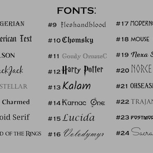 K&ouml;nnte beinhalten: Eine graue Grafik mit 24 verschiedenen Schriftarten, jeweils mit Nummer und Name. Das Wort "FONTS" steht oben. Schriftbeispiele sind "Algerian", "American Text", "Harry Potter" und "Sacramento".