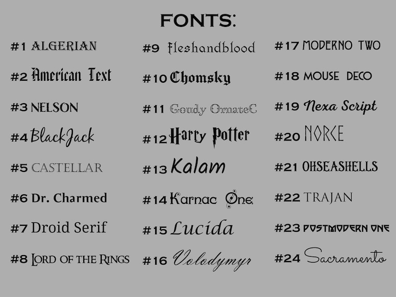 K&ouml;nnte beinhalten: Eine graue Grafik mit 24 verschiedenen Schriftarten, jeweils mit Nummer und Name. Das Wort "FONTS" steht oben. Schriftbeispiele sind "Algerian", "American Text", "Harry Potter" und "Sacramento".