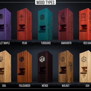 May include: A collection of ten wooden boxes in various colors and wood types, each with a unique design. The boxes are labeled with wood types such as Violet Maple, Pear, Turquoise, and Red Oak. The text "WOOD TYPES" is at the top.