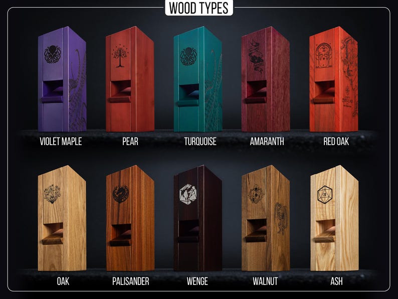 May include: A collection of ten wooden boxes in various colors and wood types, each with a unique design. The boxes are labeled with wood types such as Violet Maple, Pear, Turquoise, and Red Oak. The text "WOOD TYPES" is at the top.