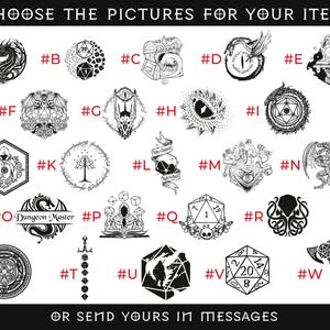 May include: A selection of black and white fantasy-themed illustrations, including dragons, dice, and mystical symbols. Text at the top reads "CHOOSE THE PICTURES FOR YOUR ITEM." Below, the text reads "OR SEND YOURS IN MESSAGES."