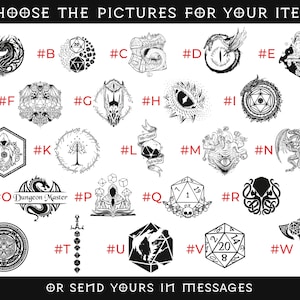 May include: A selection of black and white fantasy-themed illustrations, including dragons, dice, and mystical symbols. Text at the top reads "CHOOSE THE PICTURES FOR YOUR ITEM." Below, the text reads "OR SEND YOURS IN MESSAGES."