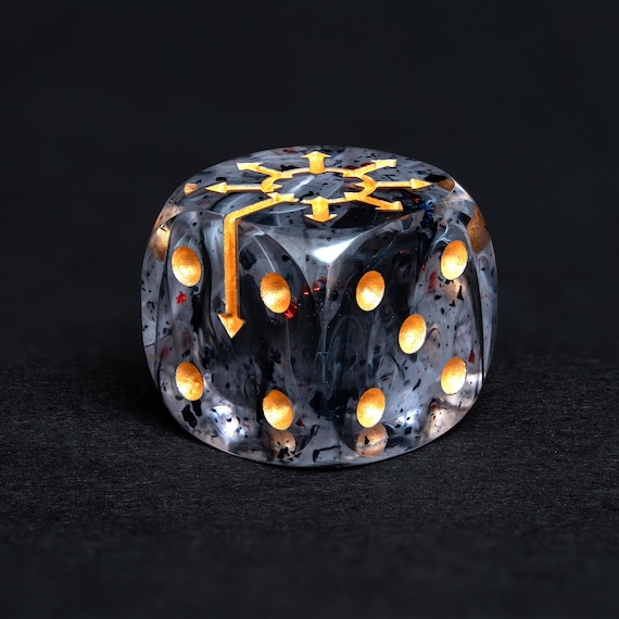 Chaos Wargaming Dice Set – D6 Dice (16mm) with Gold Sigil | Dark Dice for Tabletop, Skirmishes RPG | Swirling Black Resin, Ancient Symbol