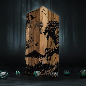 May include: A wooden dice tower featuring a black wolf and forest design. Several dice with forest and wolf designs are scattered around it. The background is a dark forest.