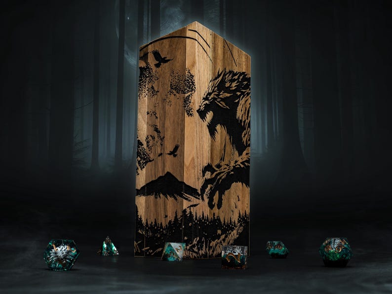 May include: A wooden dice tower featuring a black wolf and forest design. Several dice with forest and wolf designs are scattered around it. The background is a dark forest.