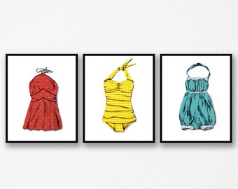 Swimsuit Art Prints - Set of 3 Prints - Vintage Swimsuit Art - Bathing Suit Print - Print Set - Retro Swimsuit Art - Beach Decor Bathroom