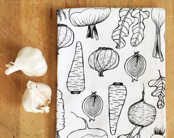 Paño de cocina con estampado de verduras - Paño de cocina estampado a mano