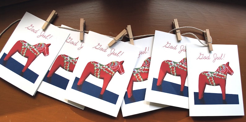 Swedish Christmas Cards Dala Horse Cards Scandavian Christmas Holiday Cards God Jul Card Set Christmas Cards Greeting Card Set image 1