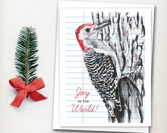 Christmas Card - Woodpecker Card - Joy to the World - Holiday Card - Bird Card - Woodland Card - Card Set - Bird Holiday