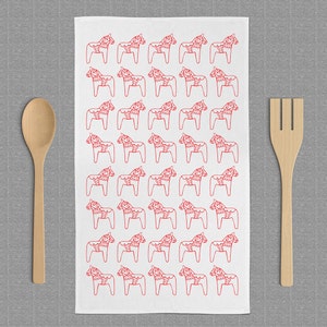 Red Dala Horse Tea Towel Screen Printed Housewarming Gift Swedish Kitchen Flour Sack Scandinavian Folk Art Swedish Christmas image 2