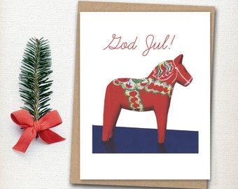 Swedish Christmas Card - Dala Horse Card - Scandavian Christmas - Holiday Card - God Jul - Christmas Card - Swedish Horse