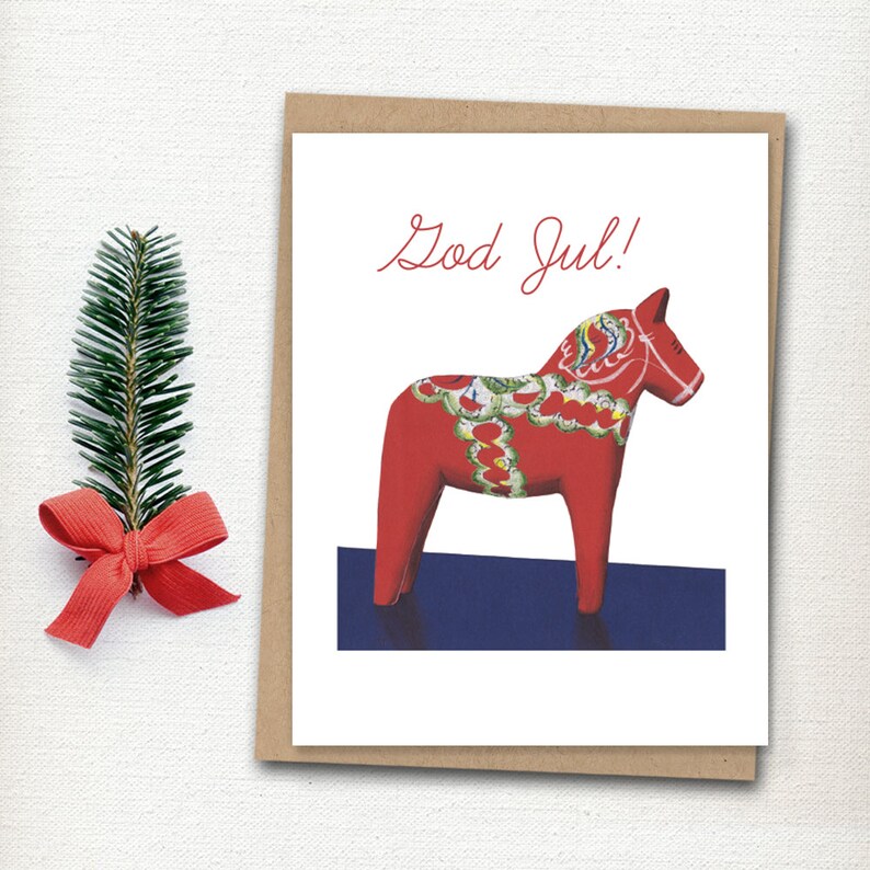 Swedish Christmas Cards Dala Horse Cards Scandavian Christmas Holiday Cards God Jul Card Set Christmas Cards Greeting Card Set image 2