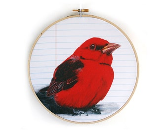 Bird Art Framed - Scarlet Tanager Wall Hanging - Gift for Grandma - Hoop Art - Christmas Decor - Hostess Gift - Bird Lover Gift - Wall Art