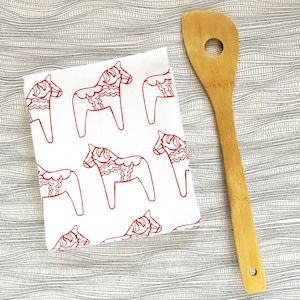 Red Dala Horse Tea Towel Screen Printed Housewarming Gift Swedish Kitchen Flour Sack Scandinavian Folk Art Swedish Christmas image 1