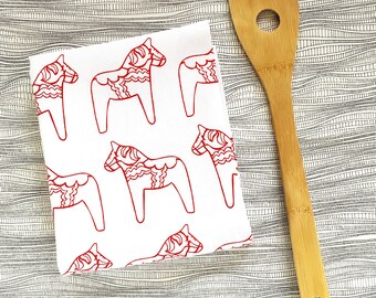 Red Dala Horse Tea Towel - Screen Printed - Housewarming Gift - Swedish Kitchen - Flour Sack - Scandinavian Folk Art - Swedish Christmas