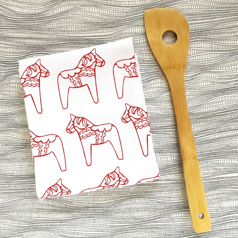 Red Dala Horse Tea Towel Screen Printed Housewarming Gift Swedish Kitchen Flour Sack Scandinavian Folk Art Swedish Christmas image 1