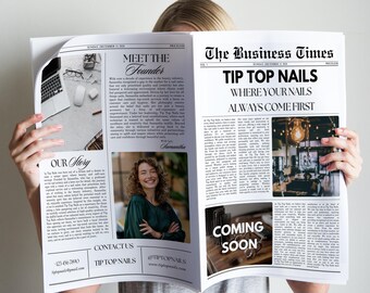 Canva-sjabloon voor zakelijke kranten, bewerkbare grote krantenaankondiging voor fotografie, aangepaste krant voor branding fotoshoot prop 86