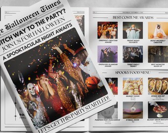 May include: A Halloween party invitation with a black and white newspaper design. The headline reads "Witch Way to the Party?" and "Join Us for Halloween." The invitation features a photo of people in costumes at a party. The text "Let's Get This Party Started!" is at the bottom of the page.