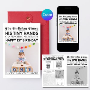 Cartão de convite para festa de primeiro aniversário de bebê, modelo digital em canva, design de jornal, cartão de convite personalizado para primeiro aniversário, presente de aniversário de bebê 66