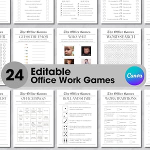 May include: A set of 24 printable office work games. The games include bingo, word search, guess the emoji, who am I, roll and share, and work traditions. The games are designed to be fun and engaging for office workers.
