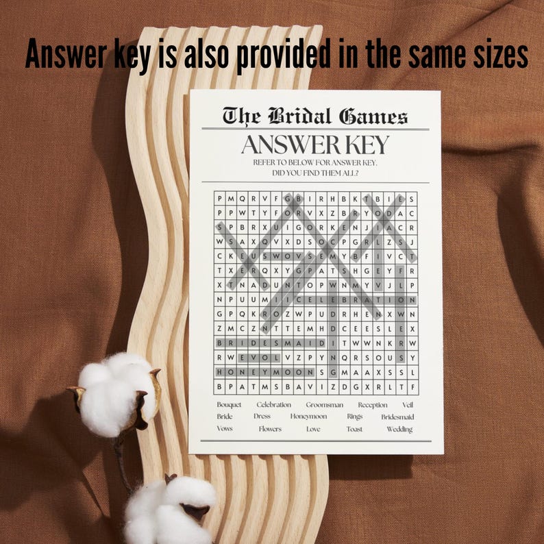 May include: A printable bridal shower game with a word search puzzle. The puzzle features words related to weddings, such as "bride", "groom", "wedding", and "honeymoon". The answer key is provided below the puzzle.
