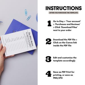 Op de afbeelding: Instructies voor het downloaden en aanpassen van een afdrukbare "The Office Games Word Scramble" sjabloon. De instructies omvatten de stappen voor het downloaden van het PDF-bestand, het bewerken ervan in Canva en het opslaan als PDF om te printen of als PNG of JPG.