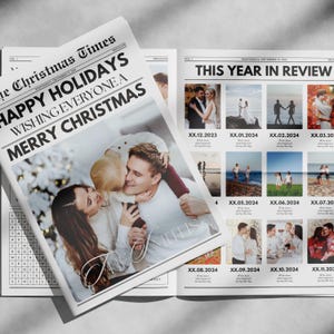 Plantilla de periódico navideño de Canva, plantilla digital personalizable y editable de resumen del año, regalo navideño imprimible para tarjeta de invitación navideña 84