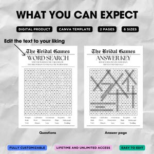 May include: A printable bridal shower game with a word search puzzle and answer key. The game is titled "The Bridal Games" and features a black and white newspaper-style design.