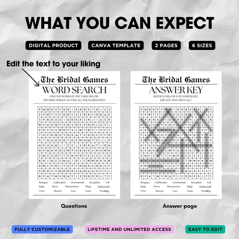 May include: A printable bridal shower game with a word search puzzle and answer key. The game is titled "The Bridal Games" and features a black and white newspaper-style design.