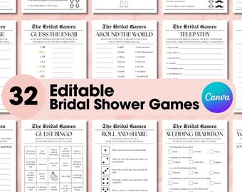 May include: A set of 32 printable bridal shower games. The games are designed to be played at a bridal shower and include a variety of themes, such as "Guess the Emoji", "Around the World", "Telepathy", "Guest Bingo", "Roll and Share", and "Wedding Tradition".