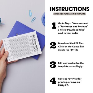 May include: Instructions for editing and customising a printable bridal word search game template. The instructions include steps for downloading the PDF file, editing it in Canva, and saving it as a PDF for printing or as a PNG or JPG.