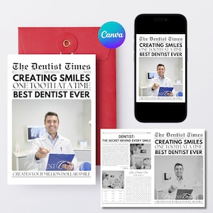 Edytowalna karta z podziękowaniami dla dentysty Cyfrowy szablon gazety Canva Niestandardowy pomysł na prezent dla dentysty Niepowtarzalny prezent dla pracownika służby zdrowia dentysty 62