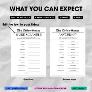 Op de afbeelding: Een printbaar spel voor kantoorfeesten of teambuildingactiviteiten. Het spel heet "The Office Games: Word Scramble". Het spel bevat een woordenscramble-pagina en een antwoordpagina. Het spel is volledig aanpasbaar en gemakkelijk te bewerken.