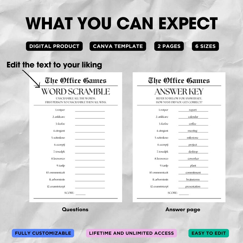 Op de afbeelding: Een printbaar spel voor kantoorfeesten of teambuildingactiviteiten. Het spel heet "The Office Games: Word Scramble". Het spel bevat een woordenscramble-pagina en een antwoordpagina. Het spel is volledig aanpasbaar en gemakkelijk te bewerken.