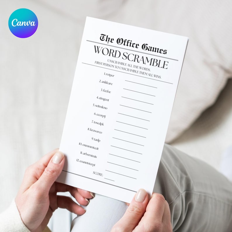 Op de afbeelding: Een afdrukbaar The Office Games Word Scramble-spelblad met 12 woorden om te ontcijferen. De eerste persoon die alle woorden ontcijfert, wint.