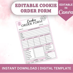 Könnte beinhalten: Editierbare Cookie-Bestellformularvorlage in Canva. Das Formular enthält Abschnitte für Kundeninformationen, Bestelldetails, Lieferoptionen, Zahlungsmethoden und einen Platz für Allergien und Notizen. Das Formular ist in einem rosa und weißen Farbschema gestaltet und zeigt eine Cookie-Grafik.