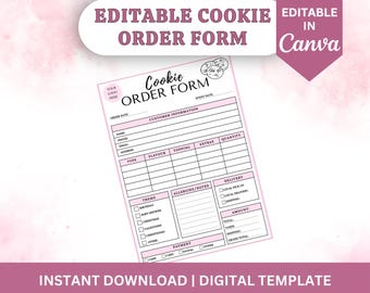 Può includere: Modello di modulo d'ordine per biscotti modificabile in Canva. Il modulo include sezioni per le informazioni del cliente, i dettagli dell'ordine, le opzioni di consegna, i metodi di pagamento e uno spazio per allergie e note. Il modulo è decorato con uno schema di colori rosa e bianco e presenta una grafica di biscotti.