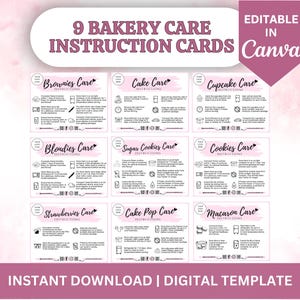 Instructions d'entretien de la carte, Cupcake, Cake Pop, Gâteau, Macaron, Biscuits, Biscuits au sucre, Trempés de fraises, Entretien des brownies, Modèle blondes