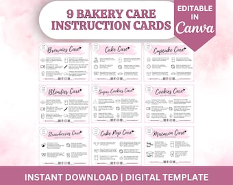 Modelo de cartão de cuidados para confeitaria, instruções para sobremesas (download digital)