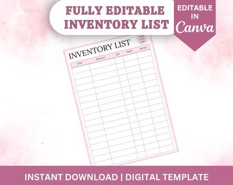 Peut inclure: Un modèle de liste d'inventaire imprimable avec le titre "Liste d'inventaire" et des colonnes pour la date, le produit, la quantité, le prix et les notes. Le modèle est entièrement modifiable dans Canva et est disponible en téléchargement instantané.