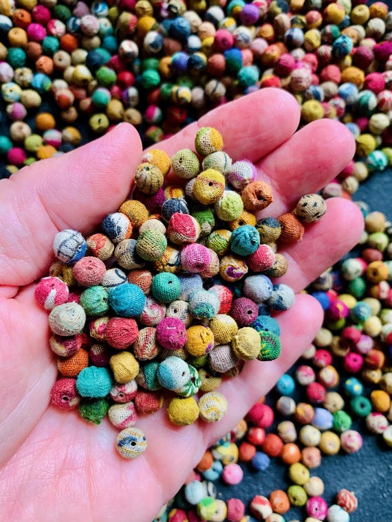 KANTHA BEADS / handmade & fair trade kantha fabric 6mm 100 beads / sustainable recycled upcycled unique